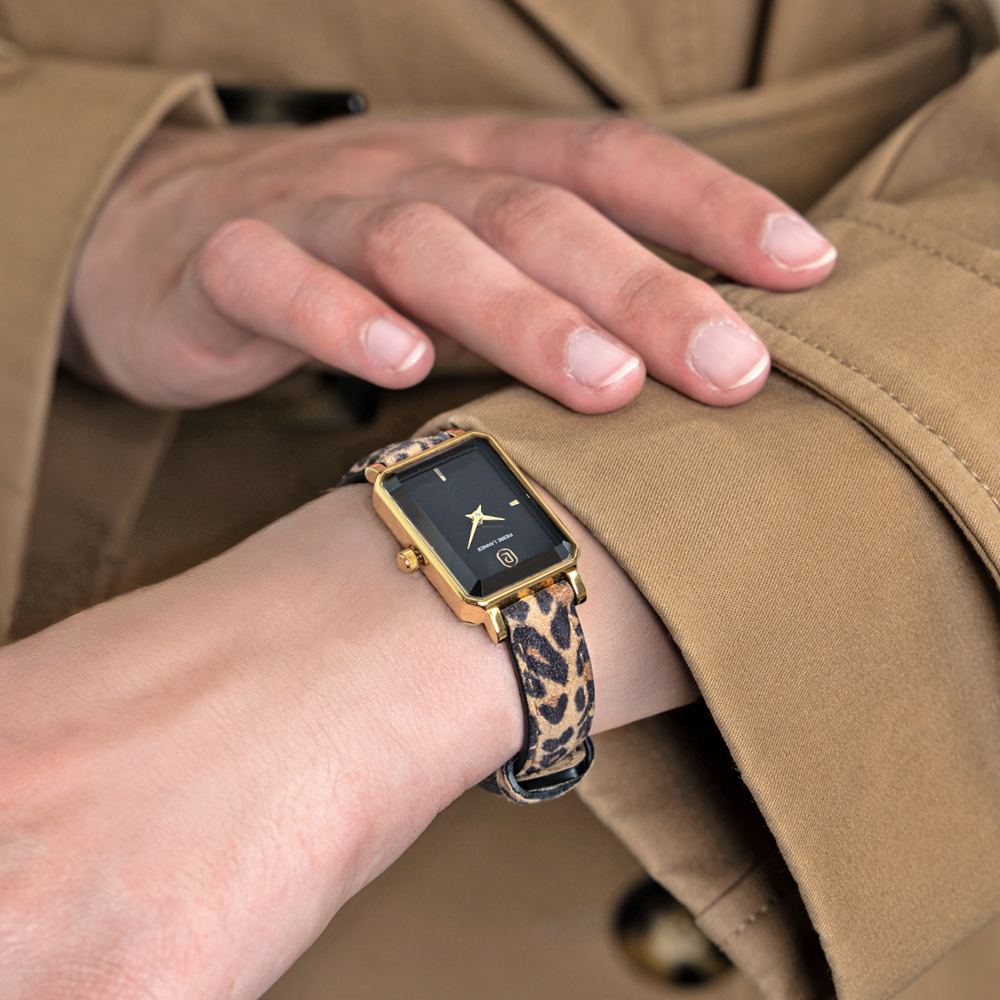 Damen Uhr ARIANE Schwarz Zifferblatt Leoparden Leder 12 MM Armband