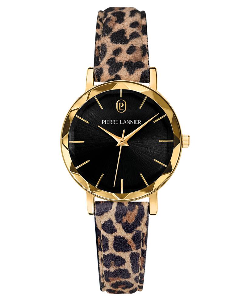 Montre Femme MULTIPLES Doré Cadran Noir Bracelet Cuir Léopard 14 MM