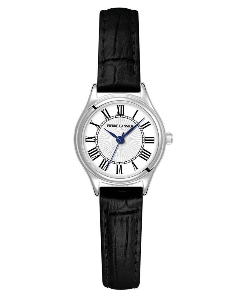 Montre Quartz Femme PYA Argenté Cadran Blanc Bracelet Cuir Noir 12 MM