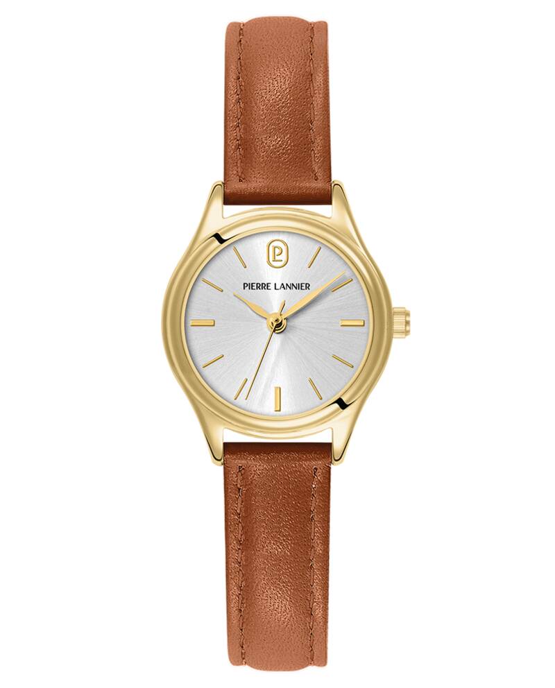 Montre Femme PYA Doré Cadran Argenté Bracelet Cuir Brun 12 MM