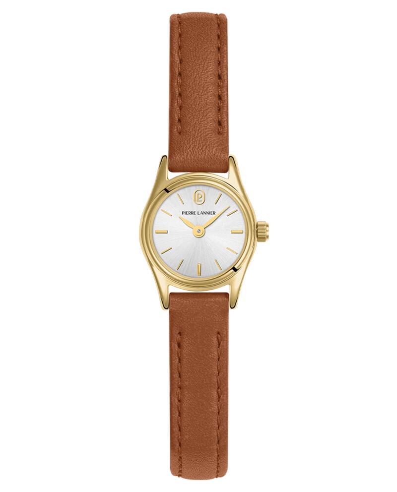 Montre Quartz Femme PYA Doré Cadran Argenté Bracelet Cuir Brun 10 MM