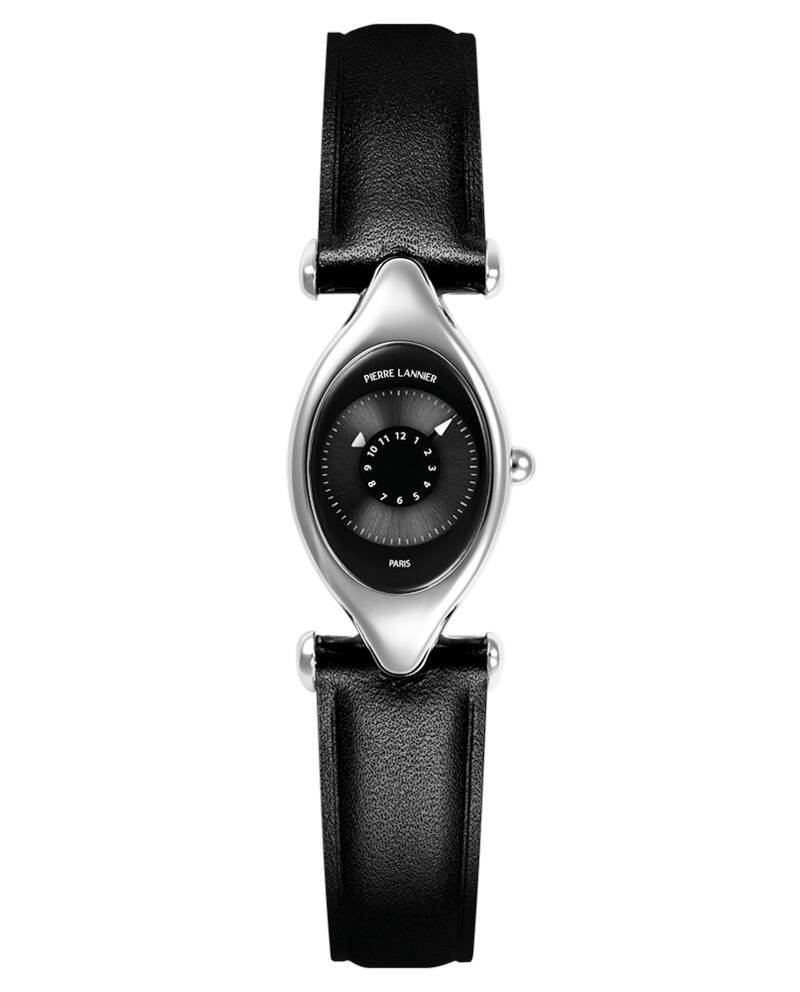 Montre Femme OVNI Argenté Cadran Noir Bracelet Cuir Noir 14 MM