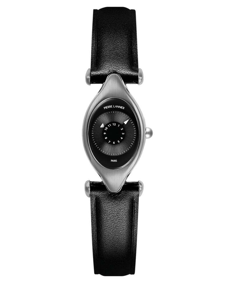 Montre Femme OVNI Argenté Cadran Noir Bracelet Cuir Noir 14 MM