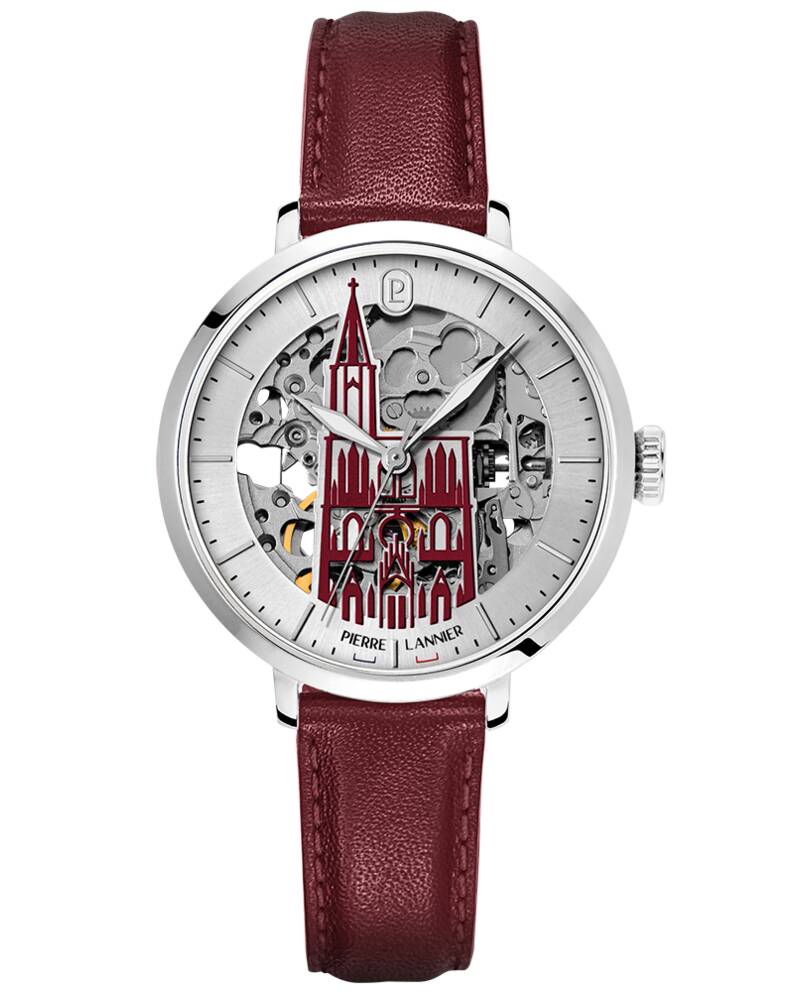 Montre Femme CATHEDRALE Argenté Cadran Argenté Bracelet Cuir Bordeaux 14 MM