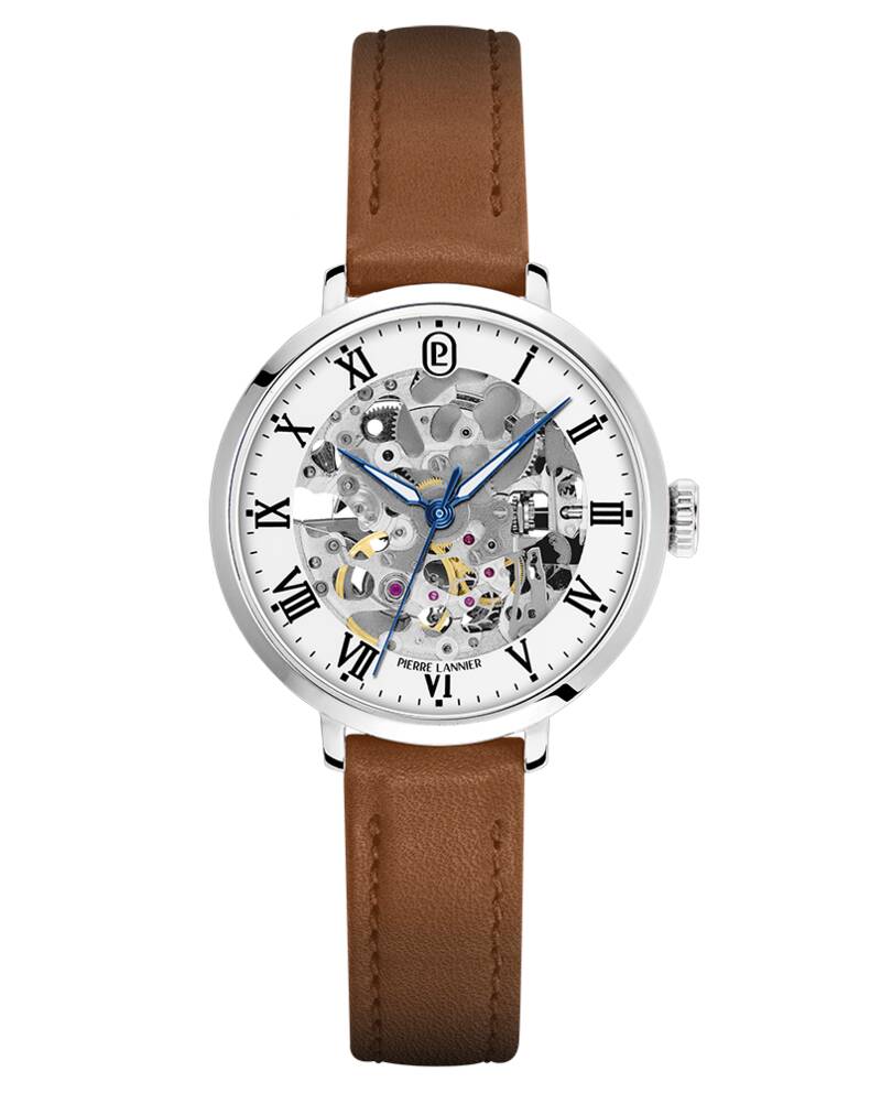 Montre Aut Femme AUTOMATIC Argenté Cadran Blanc Bracelet Cuir Brun 14 MM