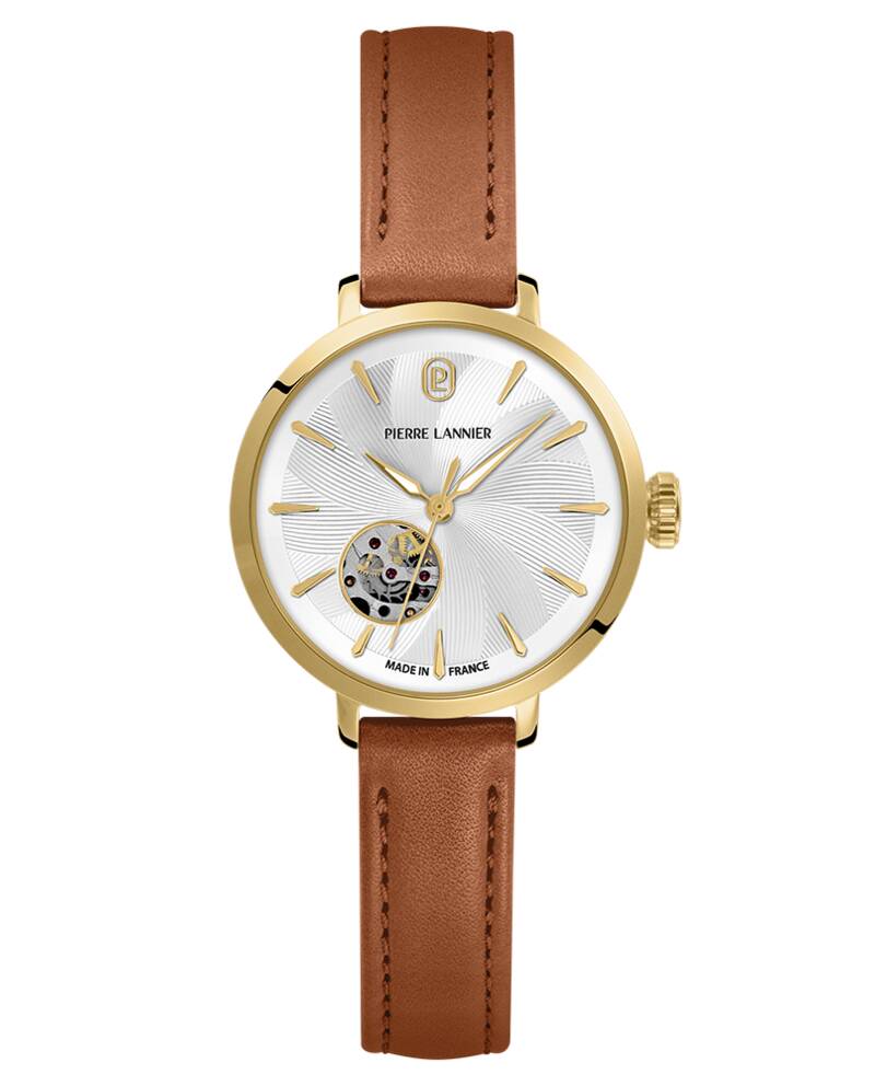 Montre Aut Femme SOLINE Doré Cadran Argenté Bracelet Cuir Brun 12 MM