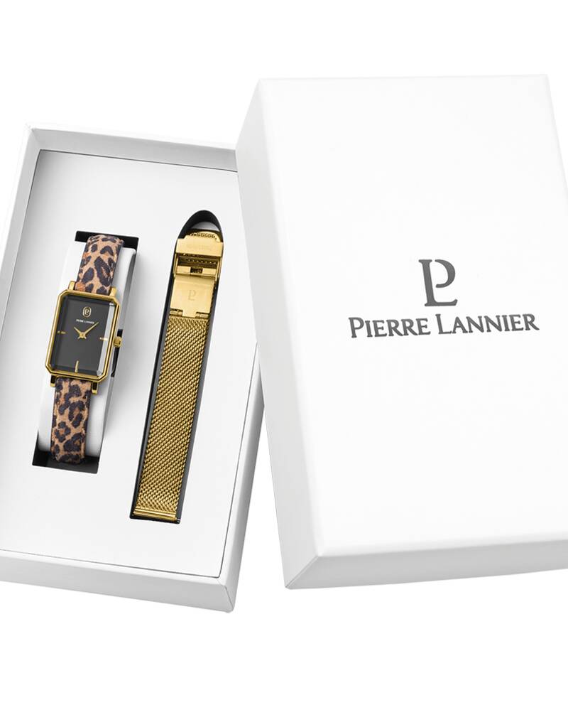 Coffret Femme ARIANE Doré Cadran Noir Bracelet Cuir Léopard 12 MM