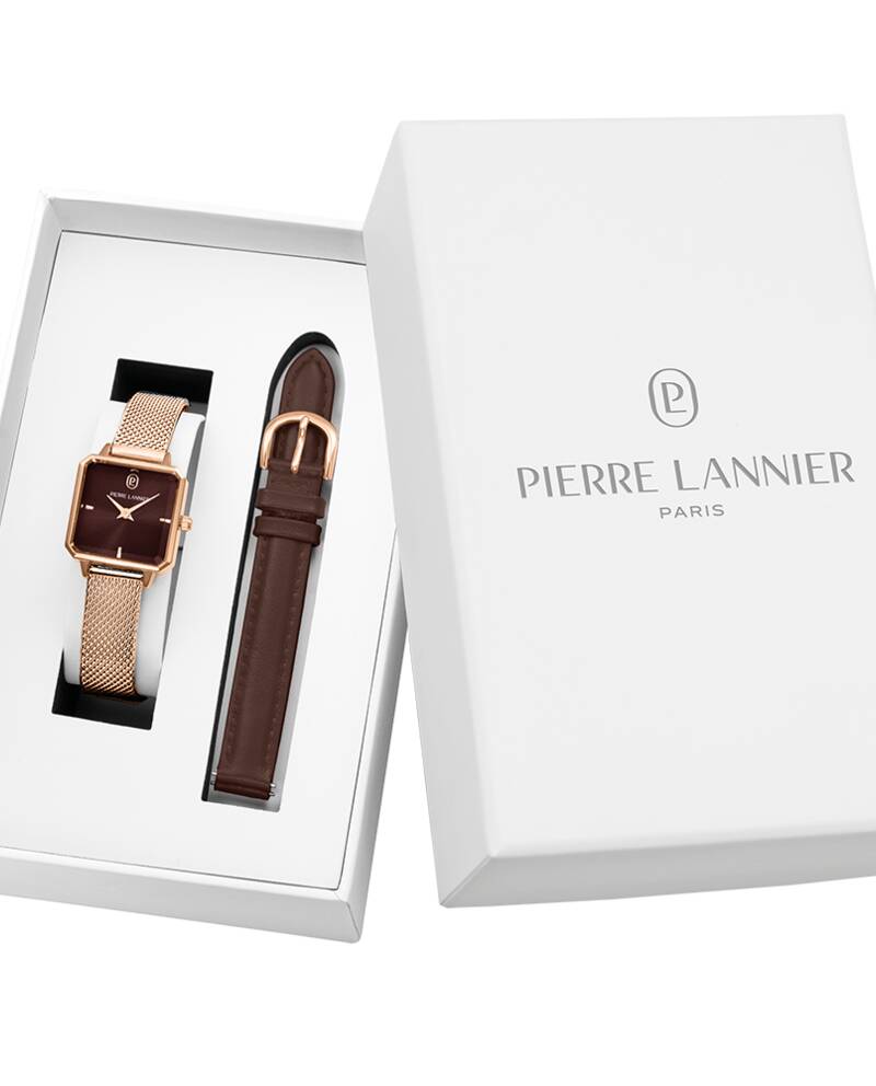 Coffret Femme LEONOR Doré-rose Cadran Chocolat Bracelet Cuir Doré-rose 12 MM