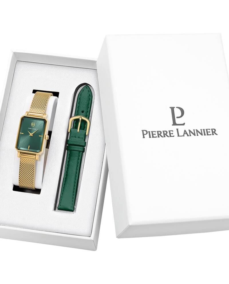 Coffret Femme ARIANE Doré Cadran Vert Bracelet Cuir Vert 12 MM
