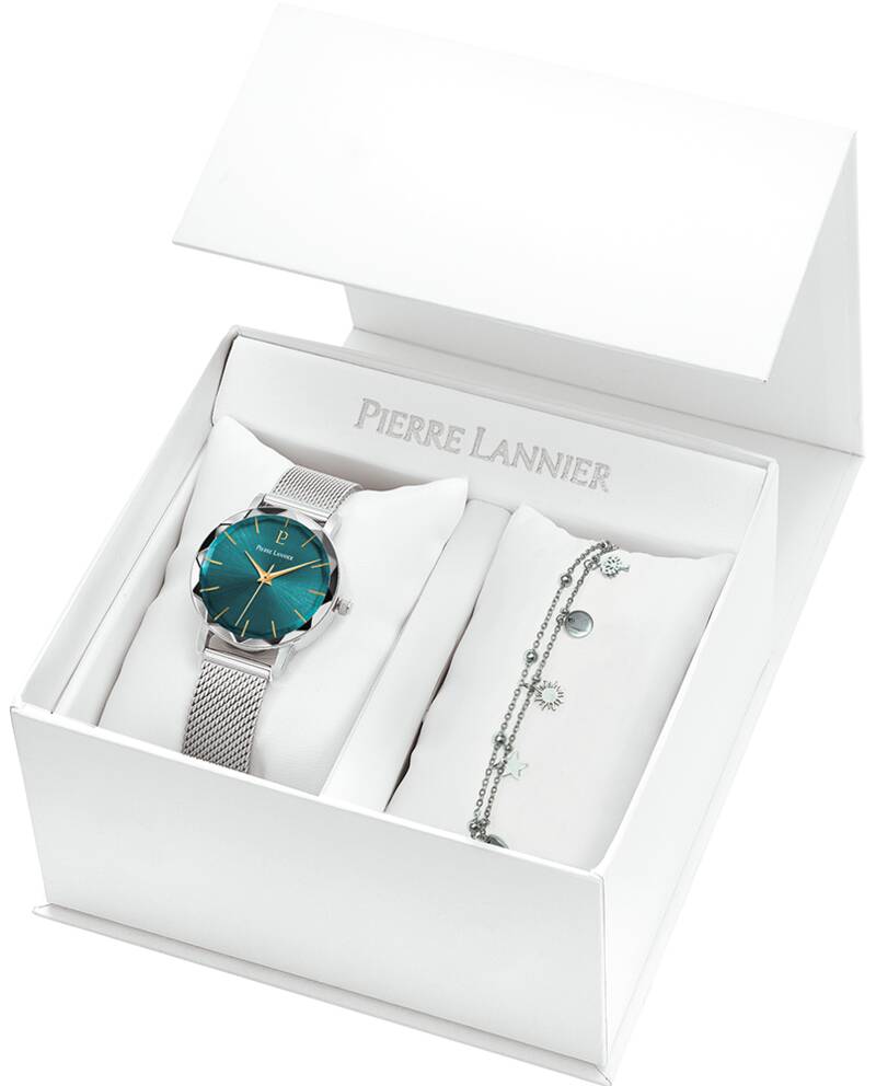 Coffret Femme MULTIPLES Argenté Cadran Vert Bracelet Acier milanais Argenté 14 MM