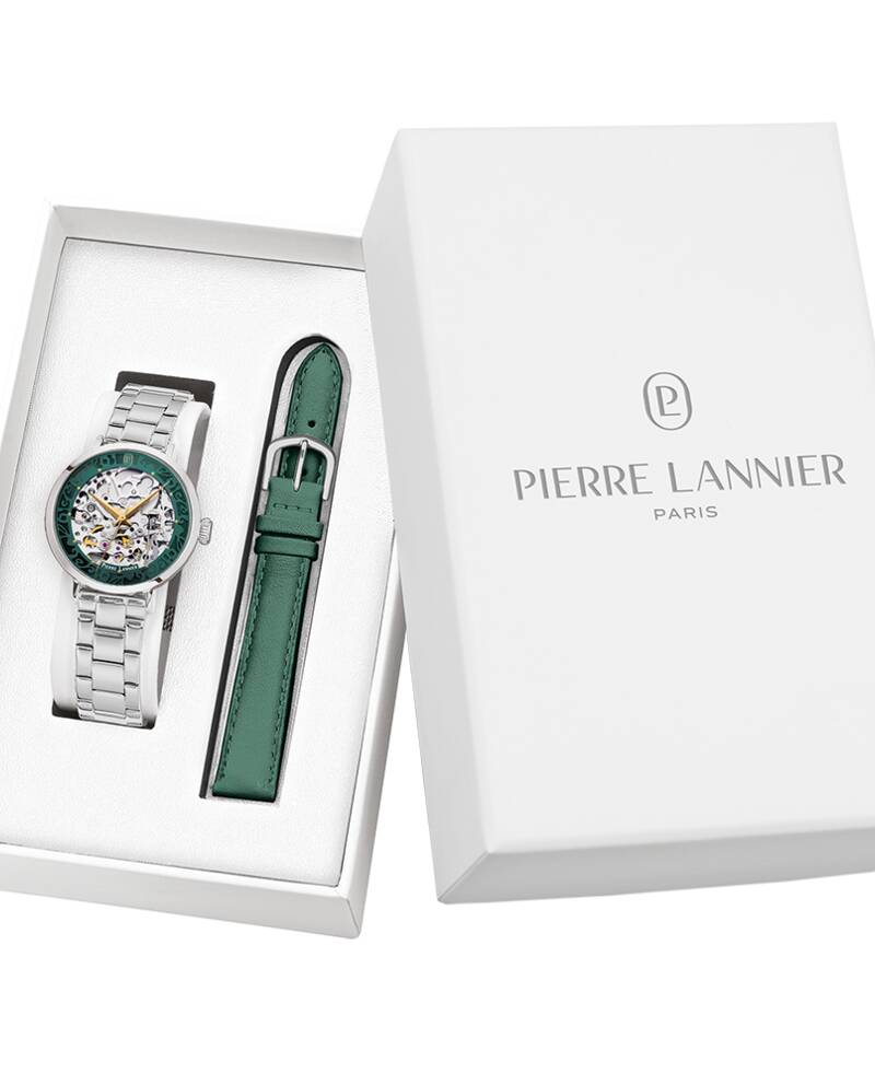 Coffret Femme AUTOMATIC Argenté Cadran Vert Bracelet Cuir Vert 14 MM