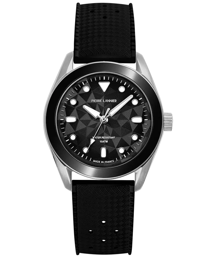 Montre Quartz Homme BORA Argenté Cadran Noir Bracelet Caoutchouc FKM Noir 20 MM