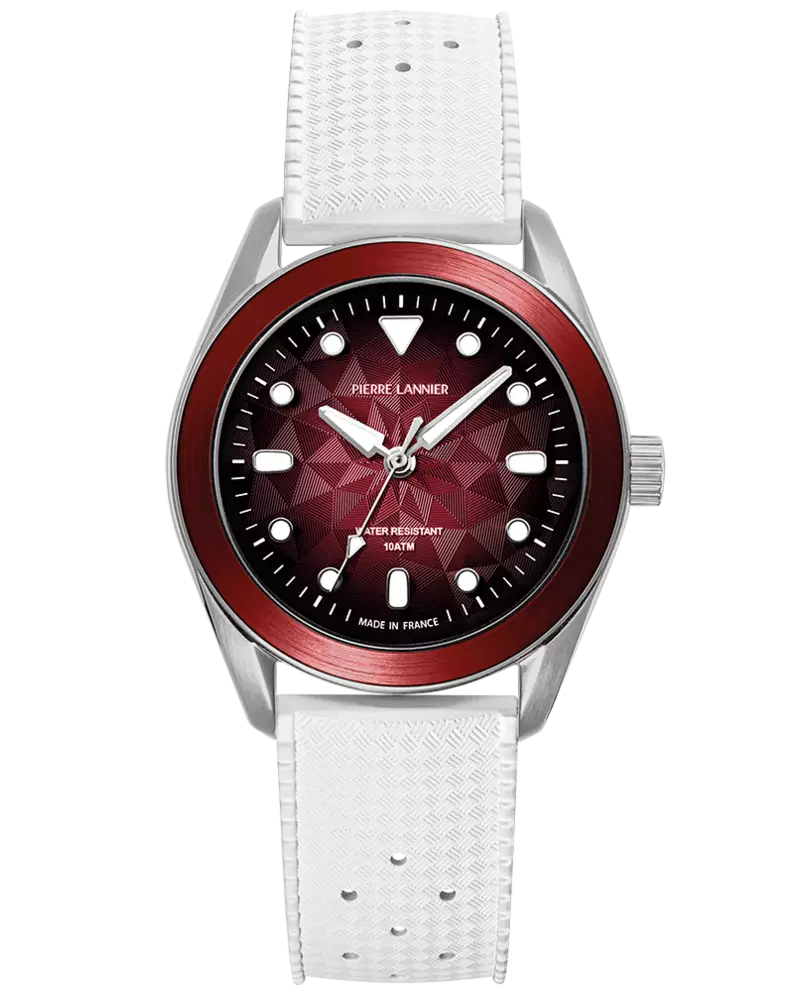 Montre Quartz Homme BORA Argenté Cadran Bordeaux Bracelet Caoutchouc FKM Blanc 20 MM