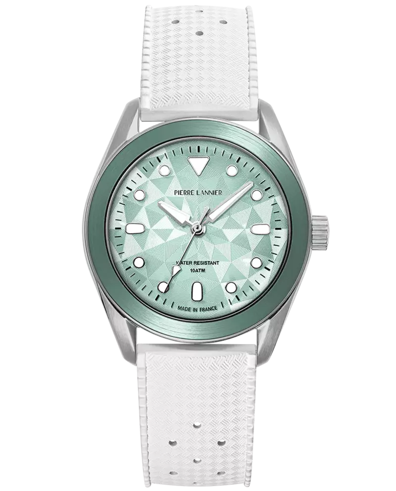 Montre Quartz Homme BORA Argenté Cadran Vert Bracelet Caoutchouc FKM Blanc 20 MM
