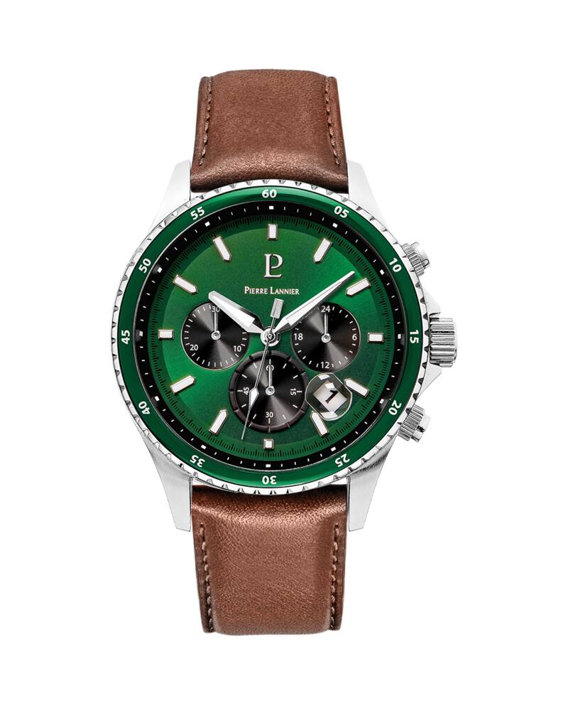 Men Watch CRONOS Green Dial Brown Leather Strap 227G164 | Pierre