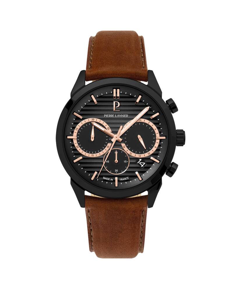 Montre Homme MONARCK Noir Cadran Gris Bracelet Cuir Brun 22 MM