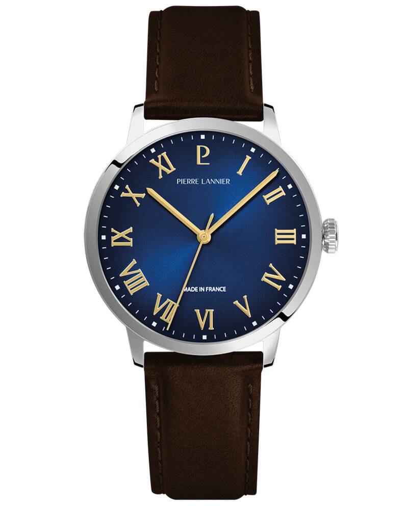 Men Quartz Watch INTERVAL Blue Dial Brown Leather 20 MM Strap