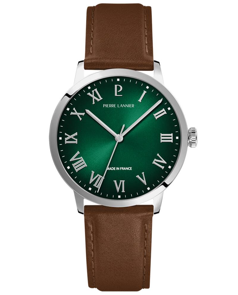 Men Quartz Watch INTERVAL Green Dial Brown Leather 20 MM Strap