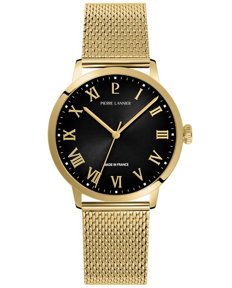 Montre Quartz Homme INTERVAL Doré Cadran Noir Bracelet Acier milanais Doré 20 MM