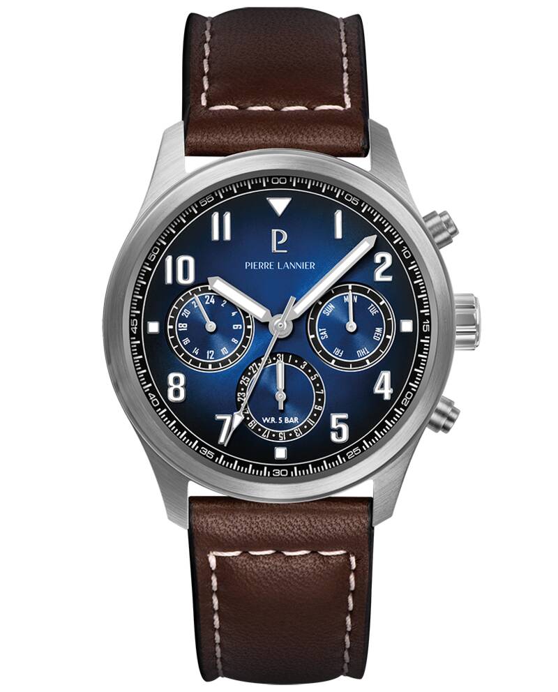 Men Quartz Watch AVIATEUR Blue Dial Brown Leather 22 MM Strap