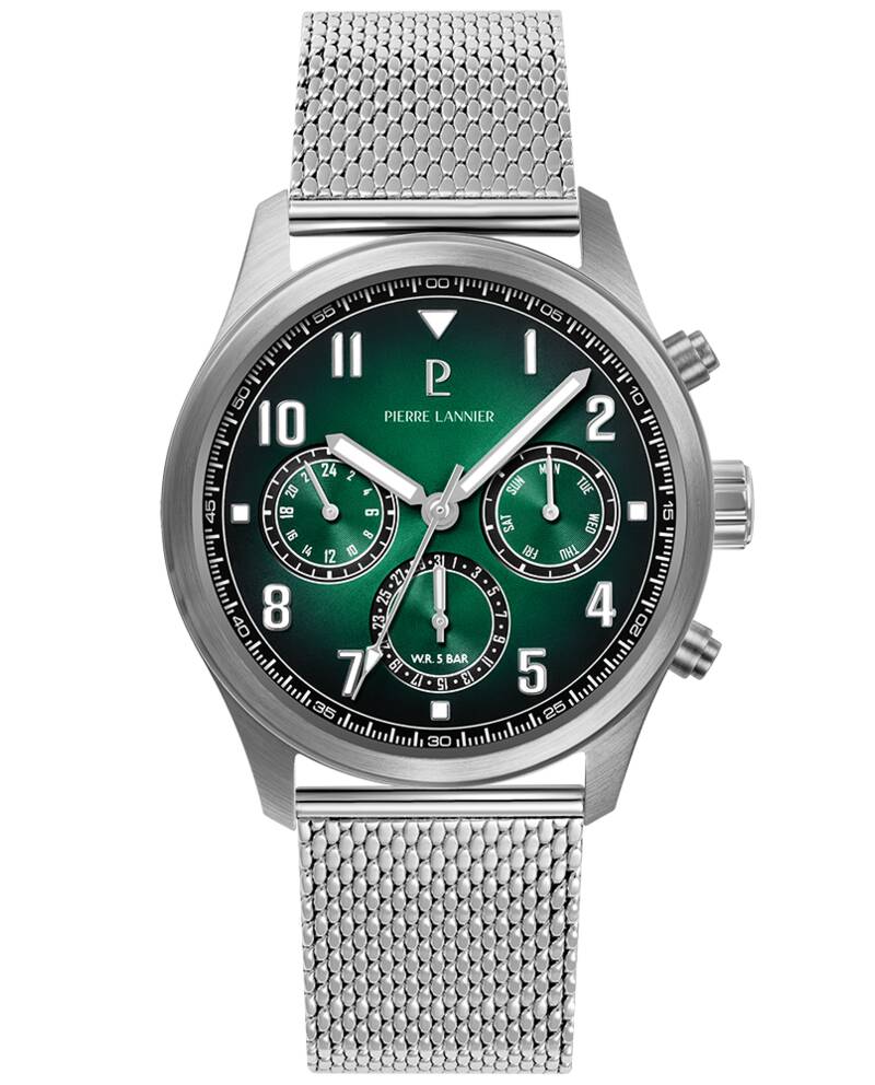 Herren Quarz Uhr AVIATEUR Grün Zifferblatt Silber Milanaise 22 MM Armband