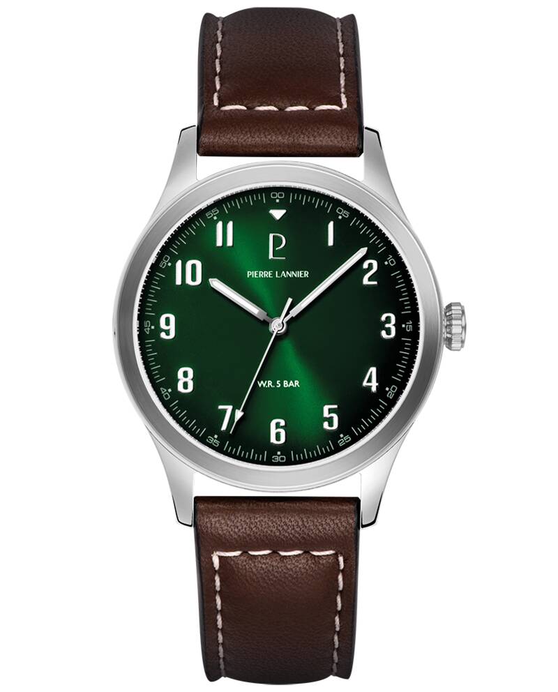 Montre Homme AVIATEUR Argenté Cadran Vert Bracelet Cuir Brun 20 MM