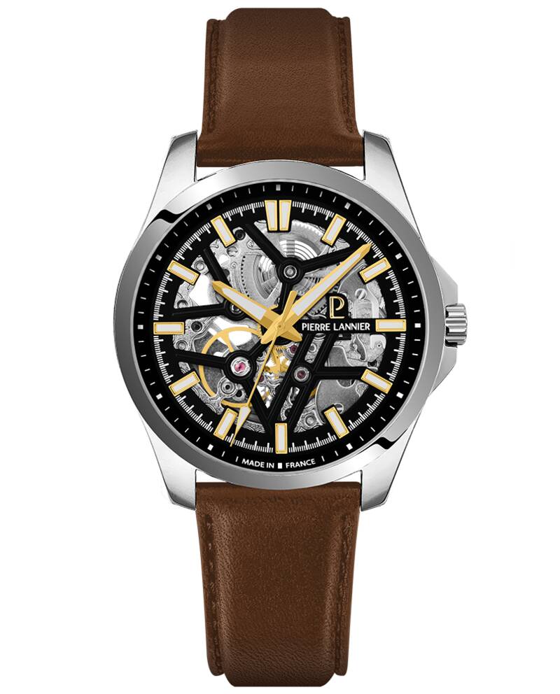 Men Aut Watch SKELETOM Black Dial Brown Leather 20 MM Strap