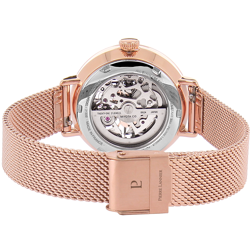 PIERRE LANNIER 12Pダイヤ レディース腕時計 ラウンド 1107 Ladies Watch AUTOMATIC Black Dial Rose Gold Mesh Strap