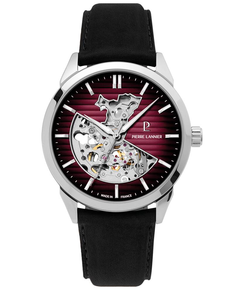 Montre Homme MONARCK Argenté Cadran Bordeaux Bracelet Cuir Noir 22 MM