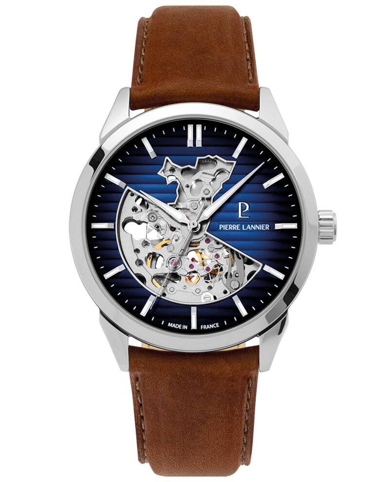 Montre Homme MONARCK Argenté Cadran Bleu Bracelet Cuir Brun 22 MM