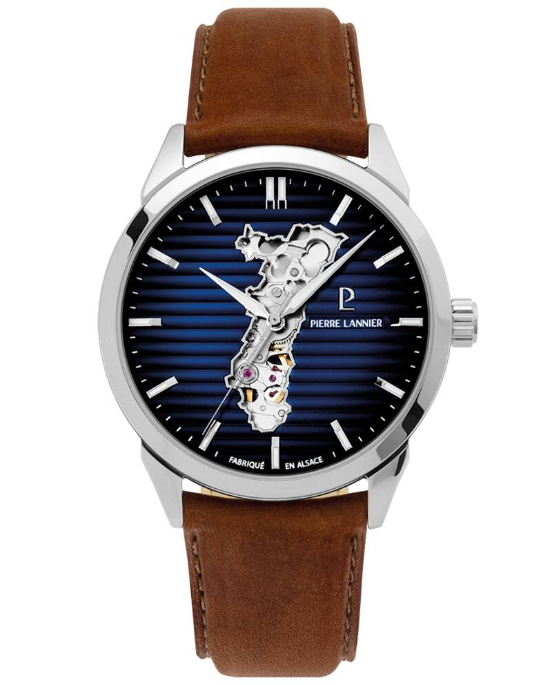 Montre Homme MONARCK Alsace Argenté Cadran Bleu Bracelet Cuir Brun 22 MM