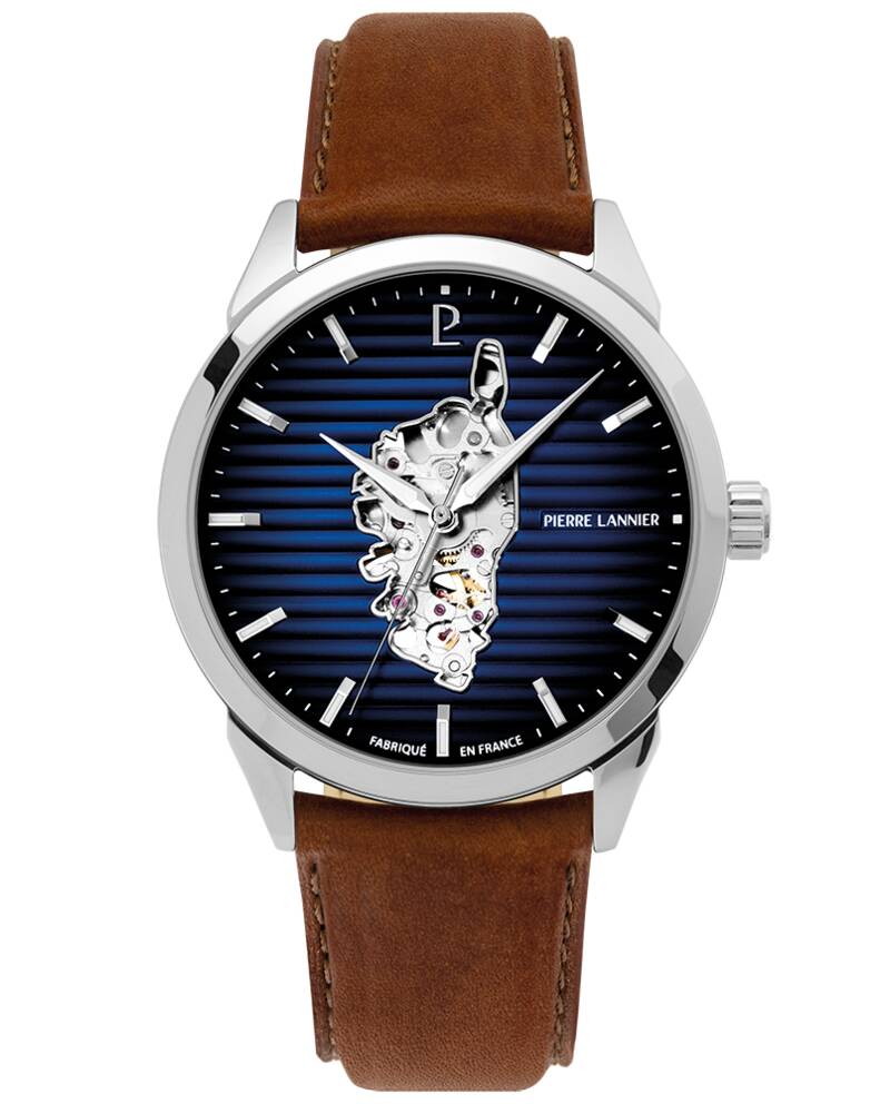 Montre Homme MONARCK Corse Argenté Cadran Bleu Bracelet Cuir Brun 22 MM