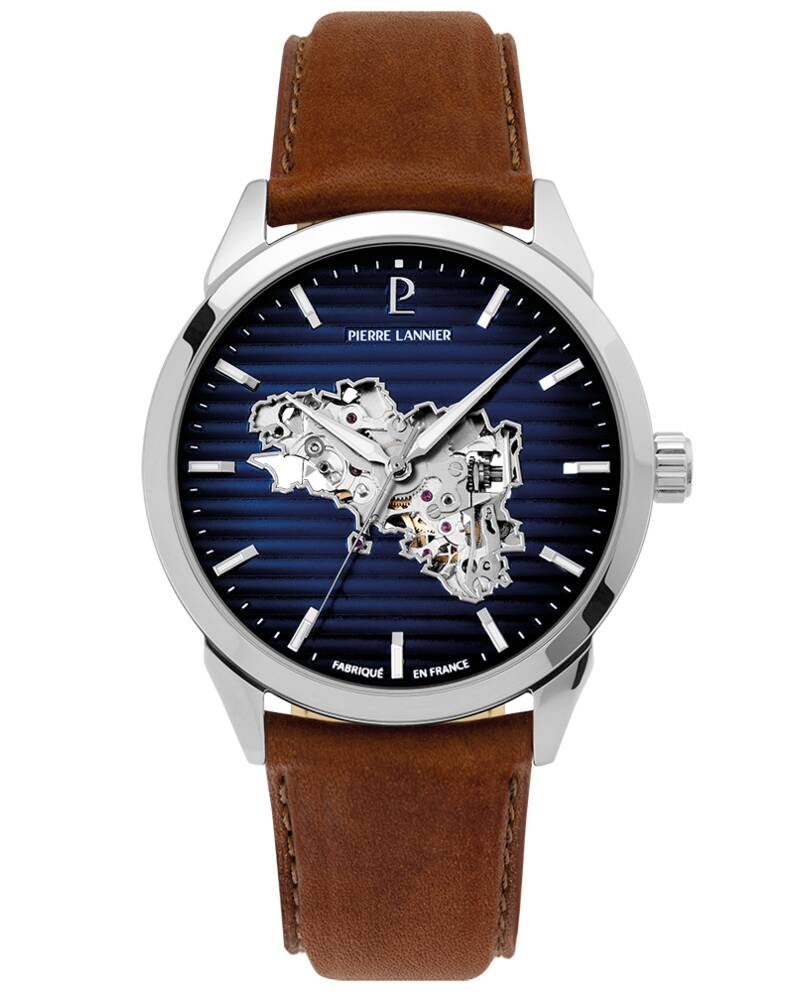 Montre Homme MONARCK Bretagne Argenté Cadran Bleu Bracelet Cuir Brun 22 MM