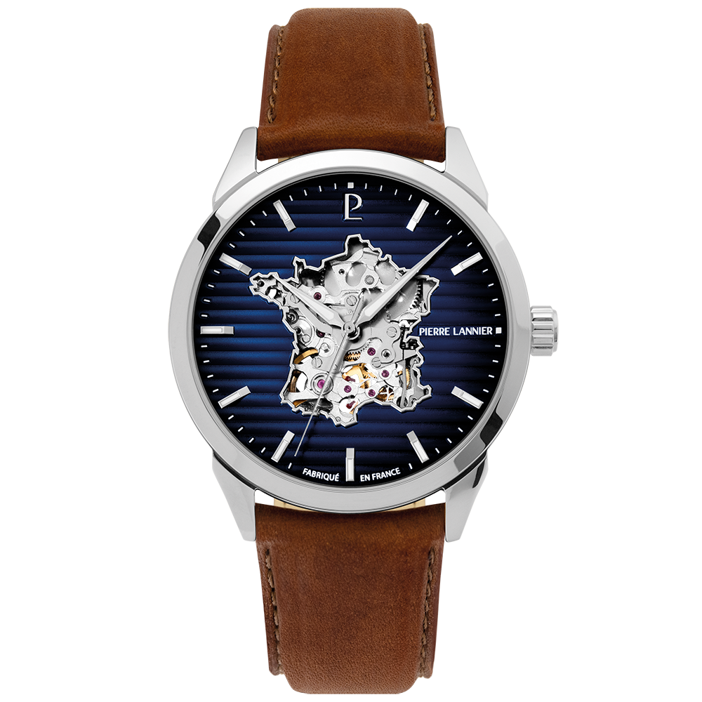 Men Watch MONARCK France Blue Dial Brown Leather 22 MM Strap