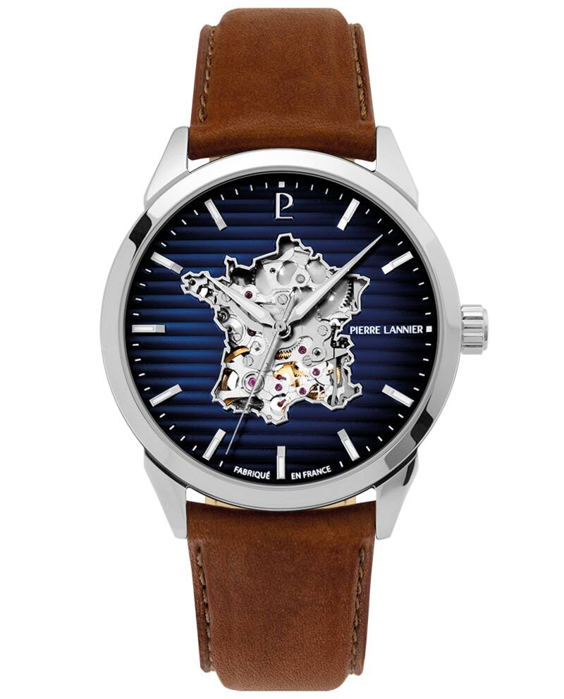 Montre Homme MONARCK France Argenté Cadran Bleu Bracelet Cuir Brun 22 MM