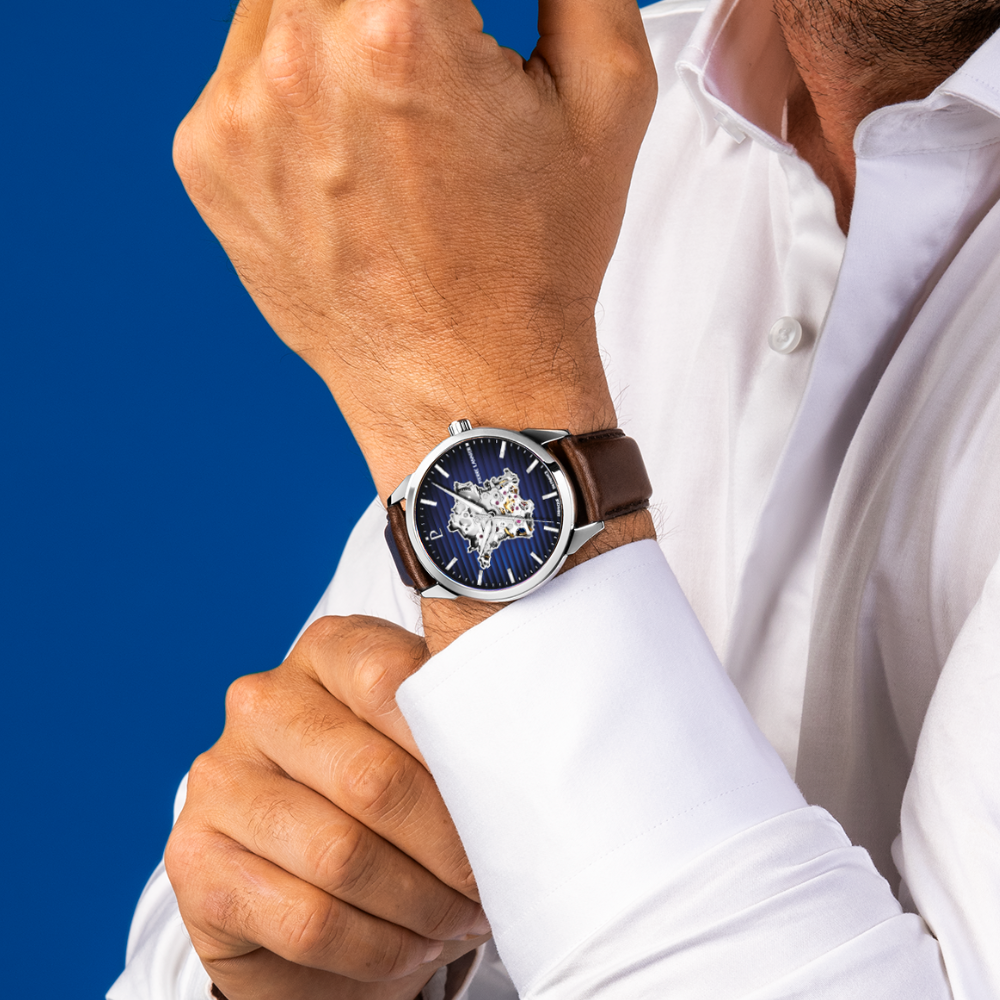 Men Automatic Watch MONARCK France Blue Dial Brown Leather 22MM