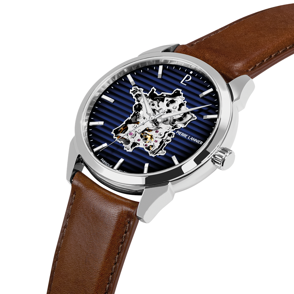ミンロン　アオザイ　フィギュリン Men Automatic Watch MONARCK France Blue Dial Brown Leather 22MM