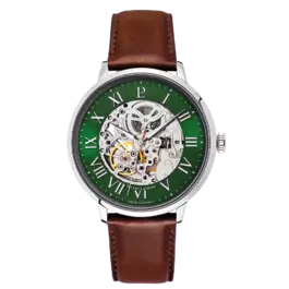 Montre Homme AUTOMATIC Argenté Cadran Vert Bracelet Cuir Brun 20 MM