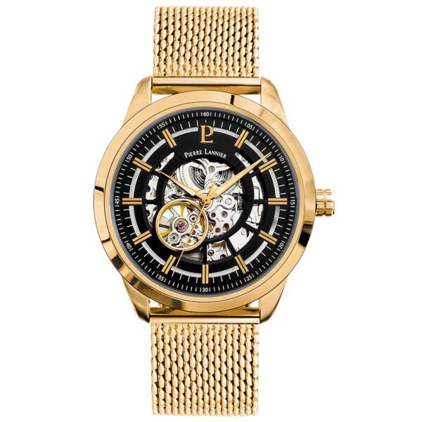 Men Watch AUTOMATIC Black Dial Gold Mesh Strap