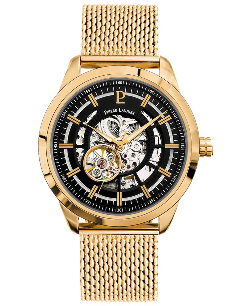 Men Watch AUTOMATIC Black Dial Gold Mesh Strap