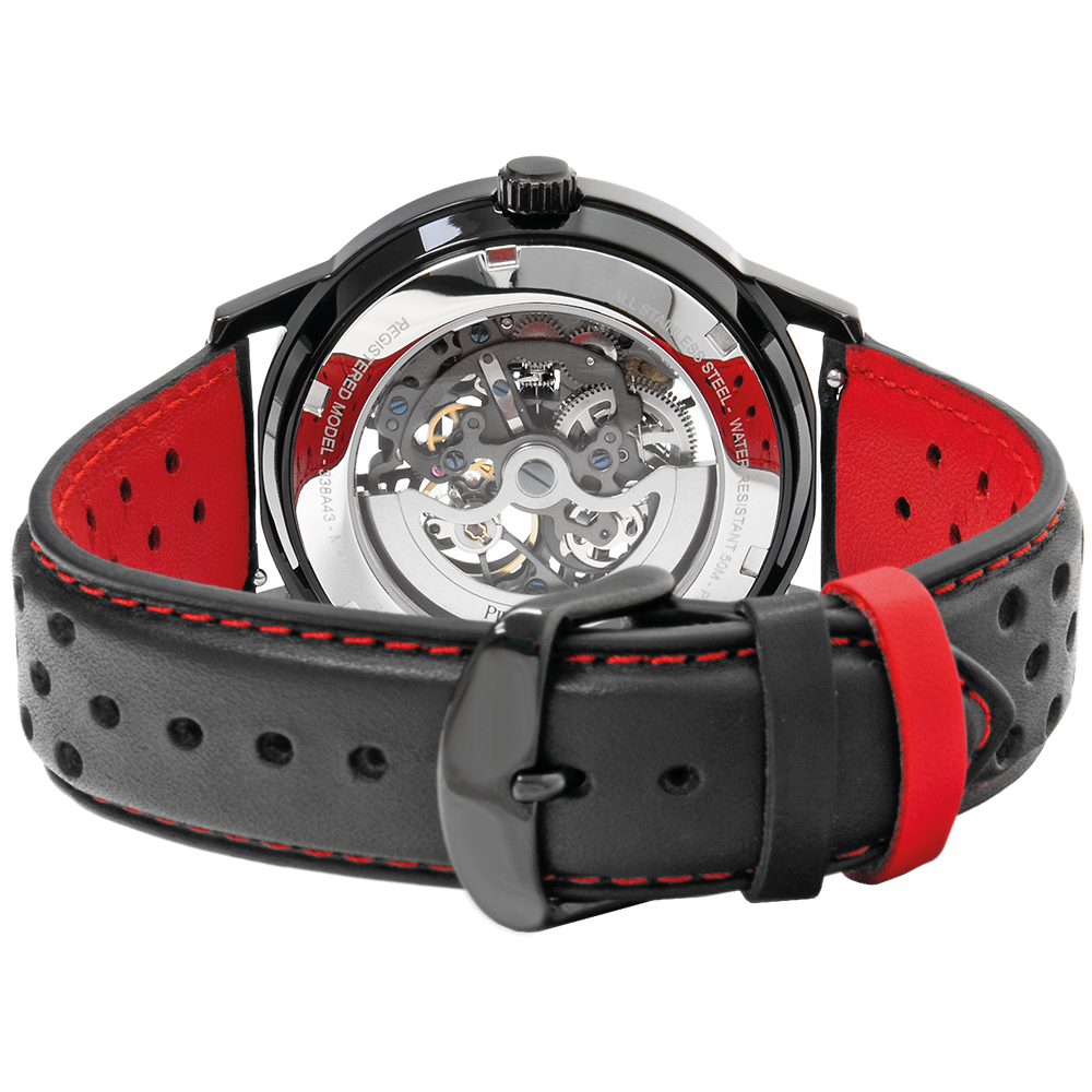 Men Watch PADDOCK Black Dial Black Perforated Leather Strap