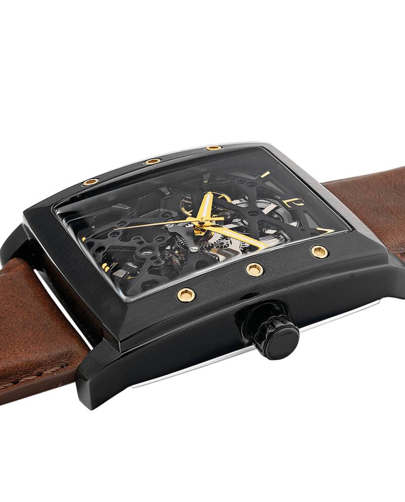 Men Automatic Watch HECTOR Sunray Black Dial Brown Leather 26MM