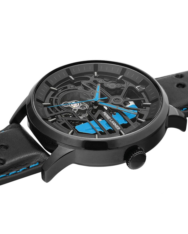 Pierre Lannier Montre Automatique Paddock | Cadran Squelette Acier 43mm | Bracelet Cuir Noir | Édition Verte