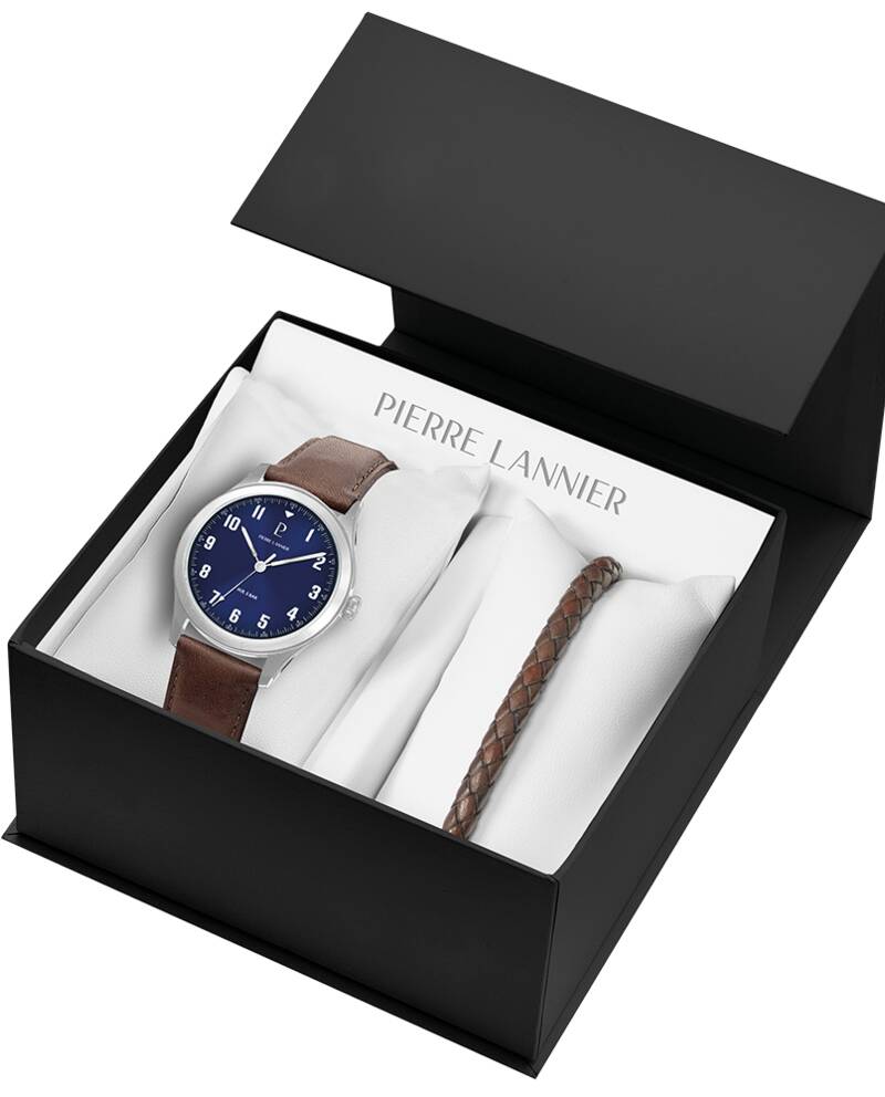 Coffret Homme AVIATEUR Argenté Cadran Bleu Bracelet Cuir Brun 20 MM