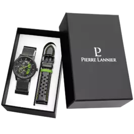 Coffret Homme PADDOCK Cadran Noir Bracelet Cuir perforé Noir