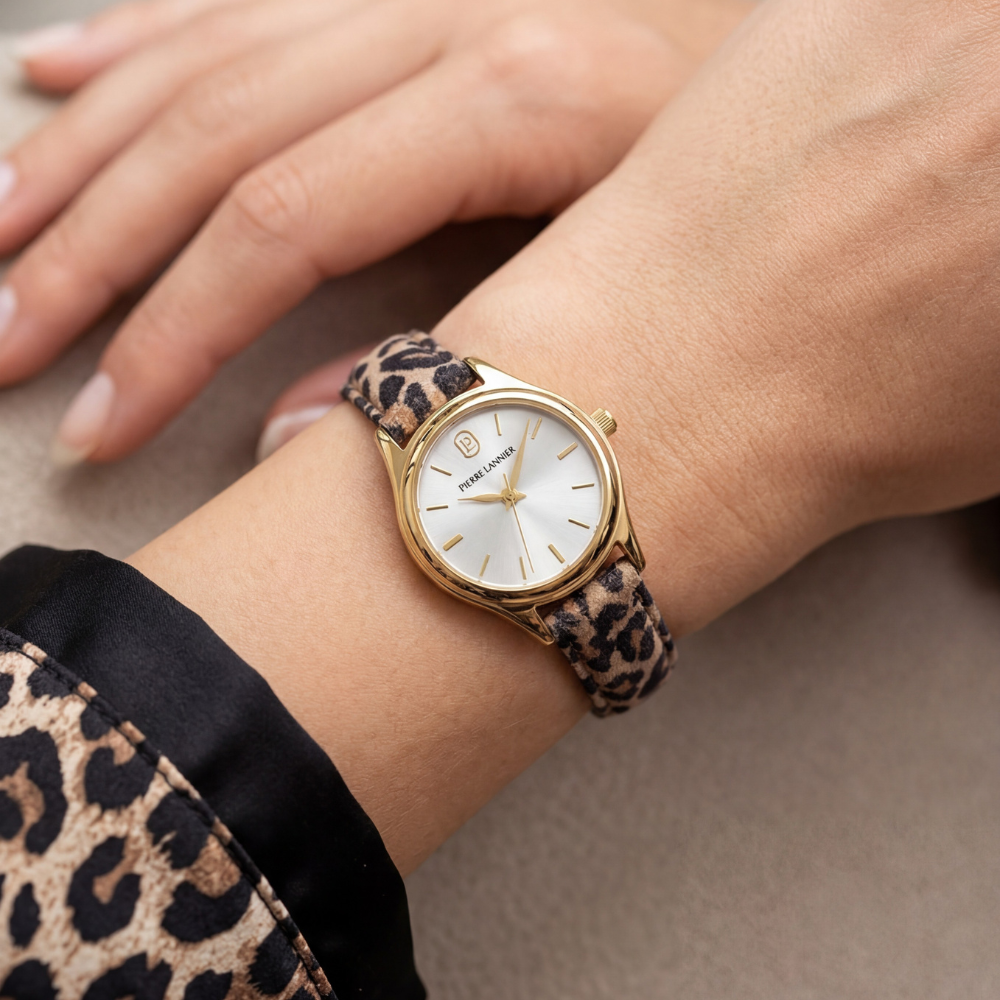 Ladies Quartz Watch PYA Silver Dial Leopard Leather 12 MM Strap