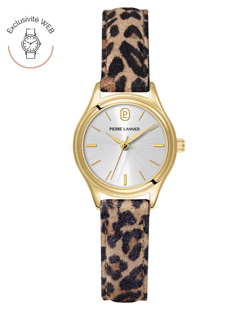 Montre Quartz Femme PYA Doré Cadran Argenté Bracelet Cuir Léopard 12 MM