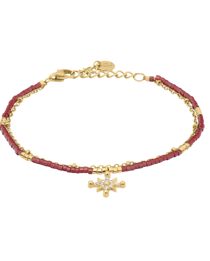 Bracelet Double Rang Femme ANTHAREA Acier Doré Perles Rouges