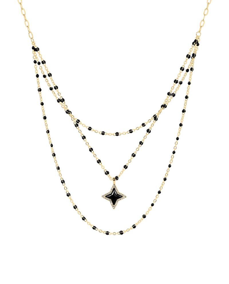 Damen Kette Dreireihiges ASTORIA Gold Edelstahl Perlen Schwarz