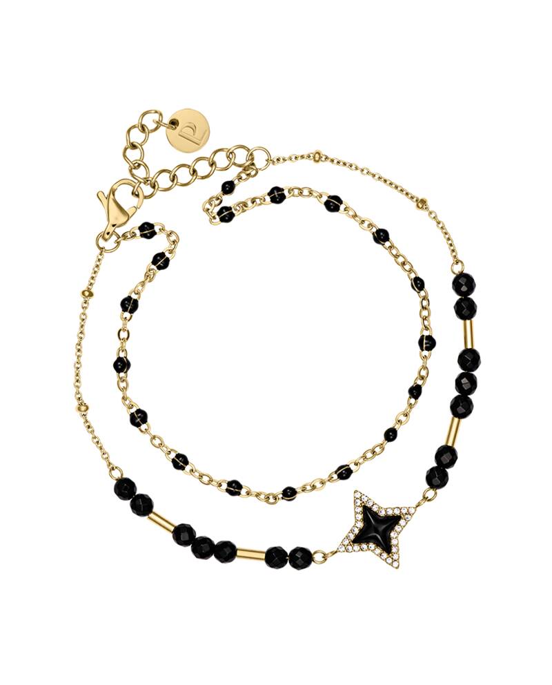 Damen Armband Zweireihiges ASTORIA Gold Edelstahl Perlen Schwarz